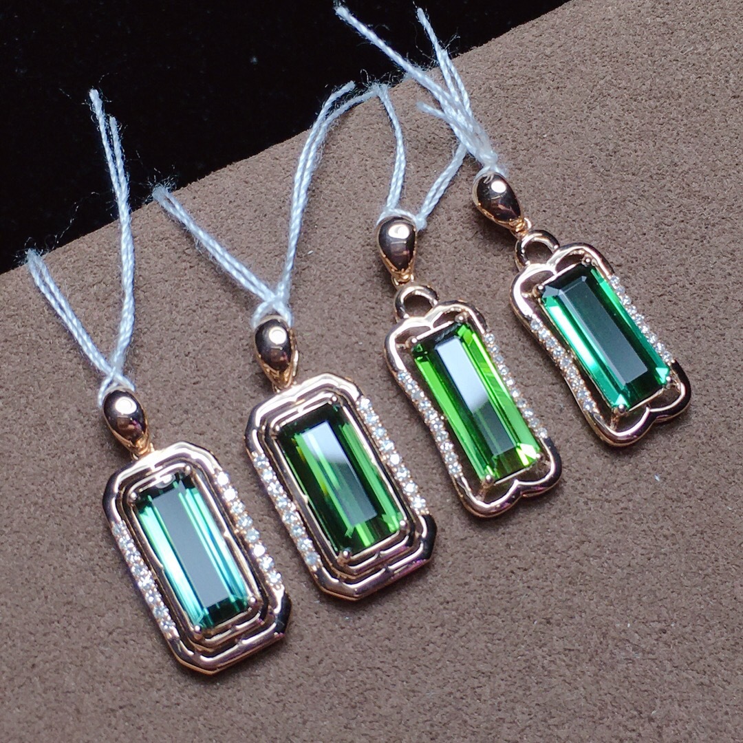 特价批发【高性价比】日常款 长方形18k金巴西天然绿碧玺吊坠项链