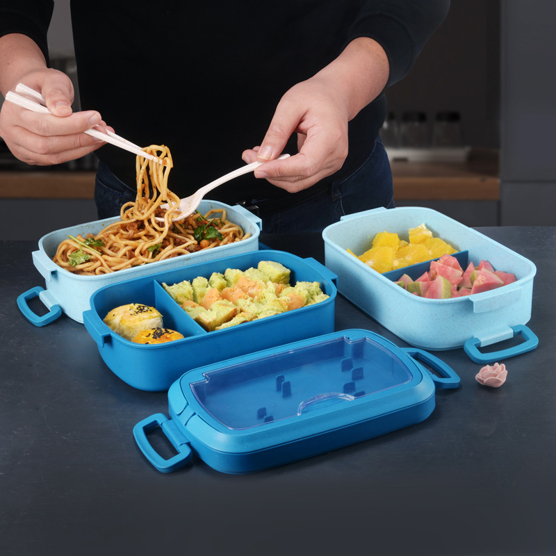 厂家定制三层小麦杆午餐盒手提式多层饭盒带筷子勺子多新款便当盒