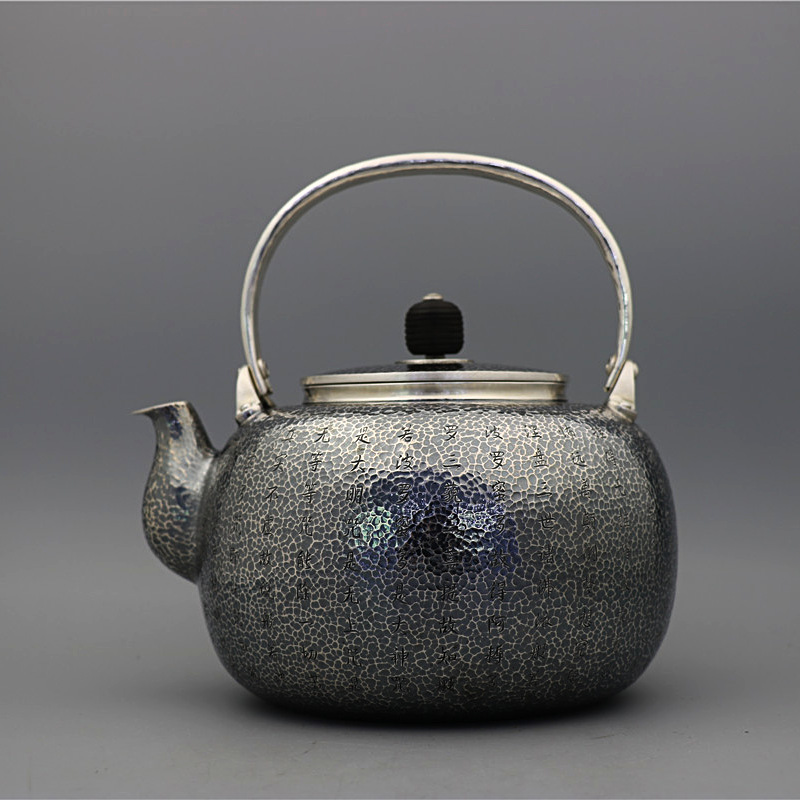 纯银烧水壶纯手工大师精品 做旧锤纹心经简约足银999家用收藏茶具