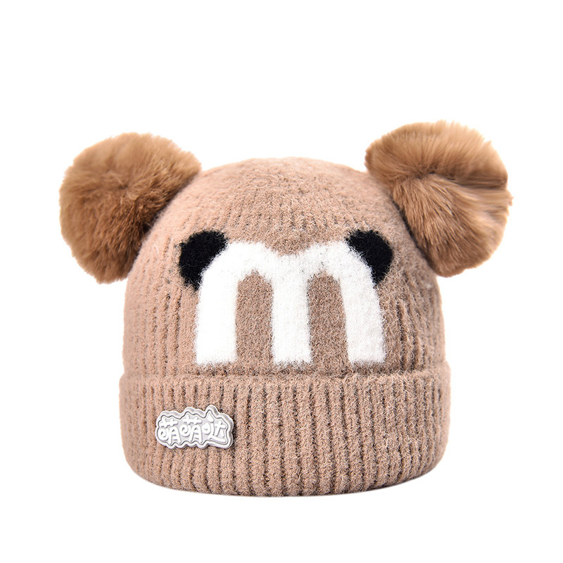Fur Ball Knitted Earflaps Cap Thickened Warm Hat Cartoon Hat Autumn and Winter New Woolen Cap Male and Female Baby Children Hat