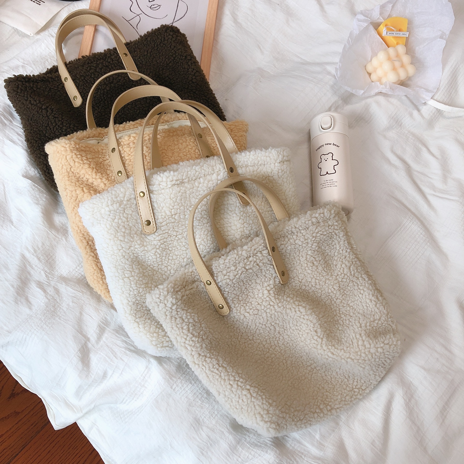 小号羊羔毛手提小布包暖暖手作包冬季新款女包纯色简约休闲小方包