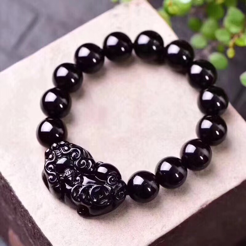 凡旺 墨西哥天然乌金黑曜石三钱貔貅佛珠手链 乌金款纯黑手串批发