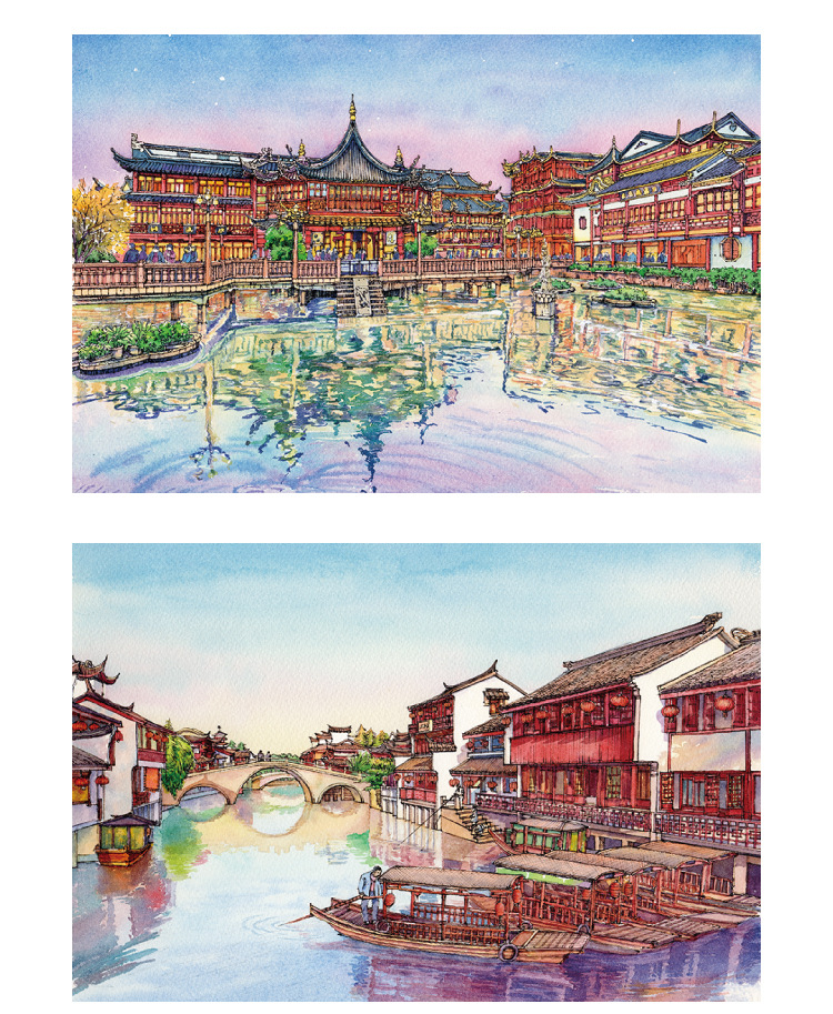 书境文创手绘上海水彩明信片贺卡旅游文创纪念品礼品东方明珠外滩