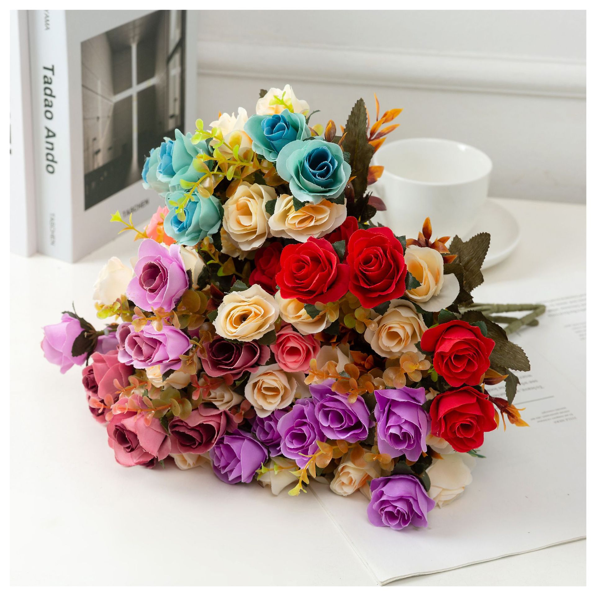 仿真花 双色玫瑰假花绢花钻石玫瑰小把束 手捧花婚庆布置家居装饰