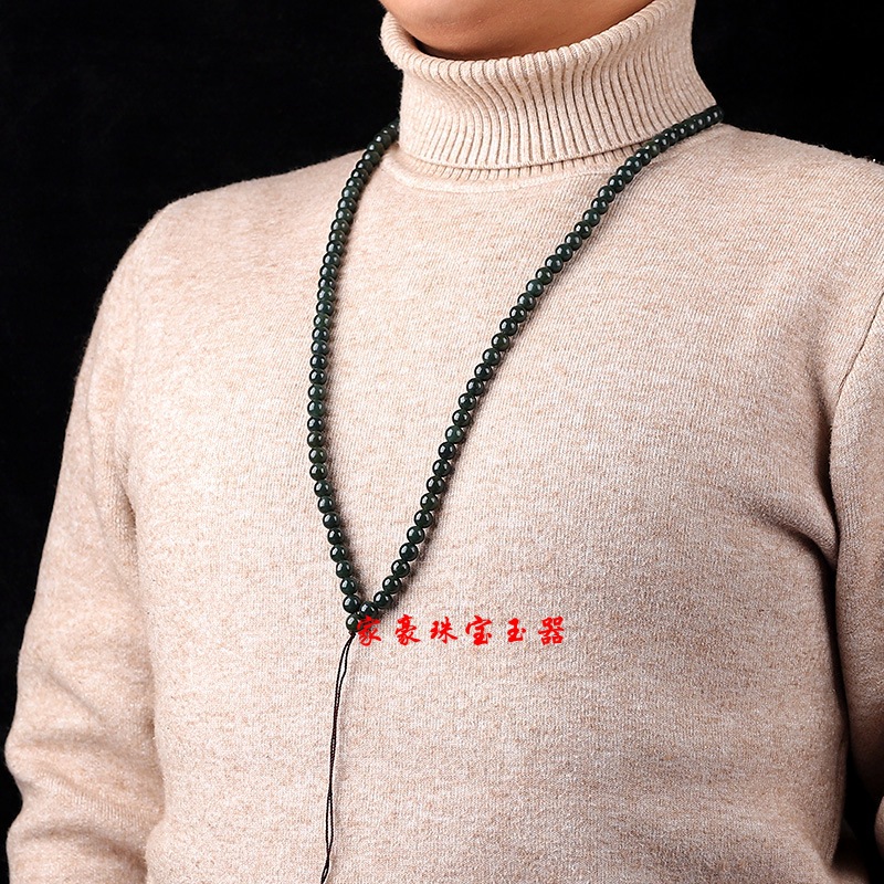 天然新疆和田玉青玉项链男圆珠108颗佛珠青色玉珠链子女挂链挂绳