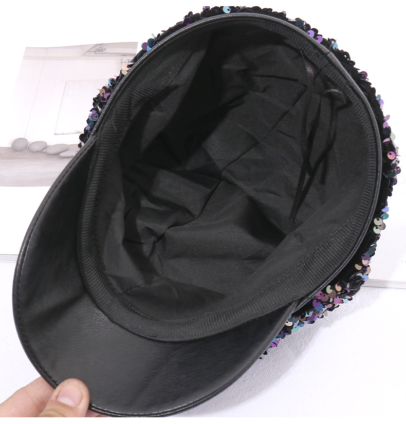 跨境热卖帽子女彩色亮片八角帽秋冬季时尚炫彩pu皮短檐鸭舌帽潮