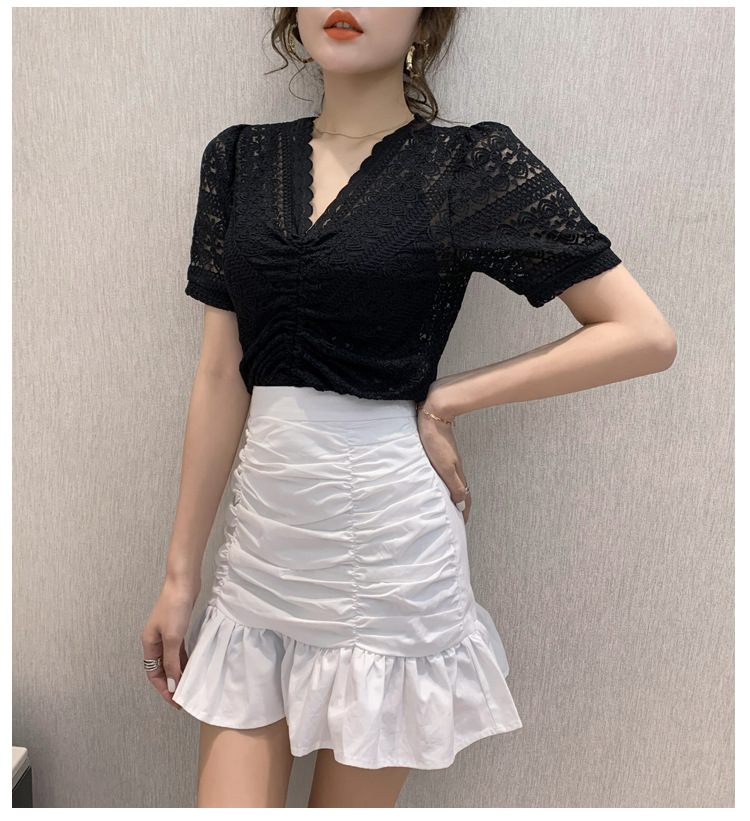 v领镂空蕾丝打底衫2020夏季新款抽绳锁骨上衣心机设计感短袖t恤女