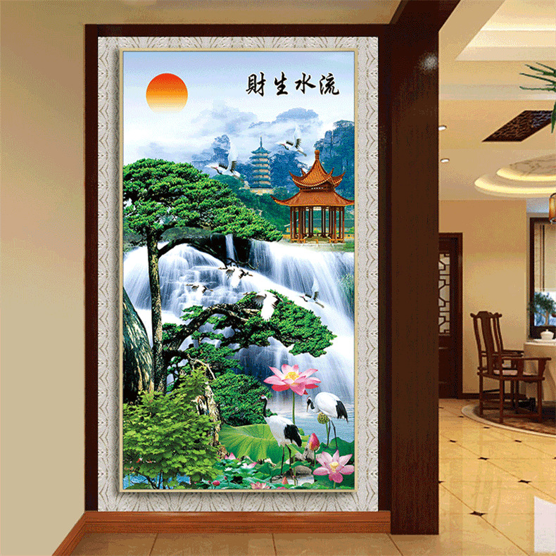 新中式钻石画客厅山水风景流水生财砖石绣迎客松玄关贴钻十字绣5d