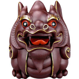 精品宜兴紫砂茶宠雕塑摆件 名家戈家俊描金飞黄腾达貔貅