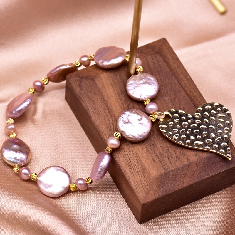 xlentag 天然巴洛克纽扣珍珠手链女 欧美气质 爱心复古原创首饰