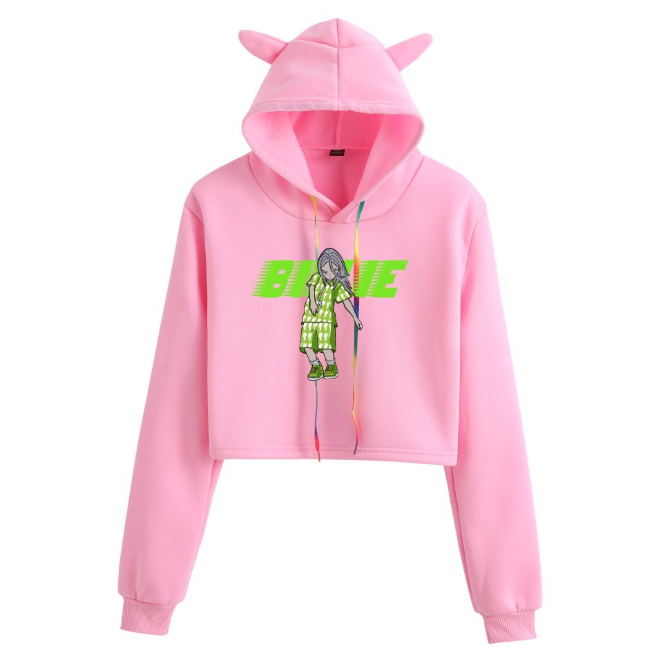 跨境欧美热点 billie eilish歌手露脐猫耳朵套头短款个性连帽卫衣