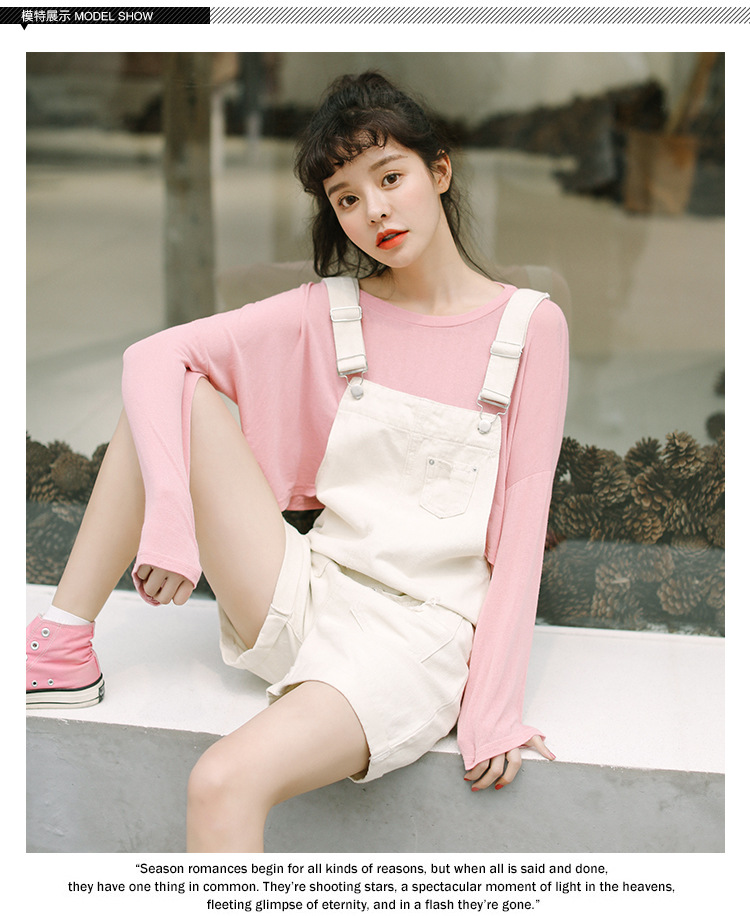 实拍#韩新学院风三色破洞牛仔背带短裤宽松卷边吊带裤女学生