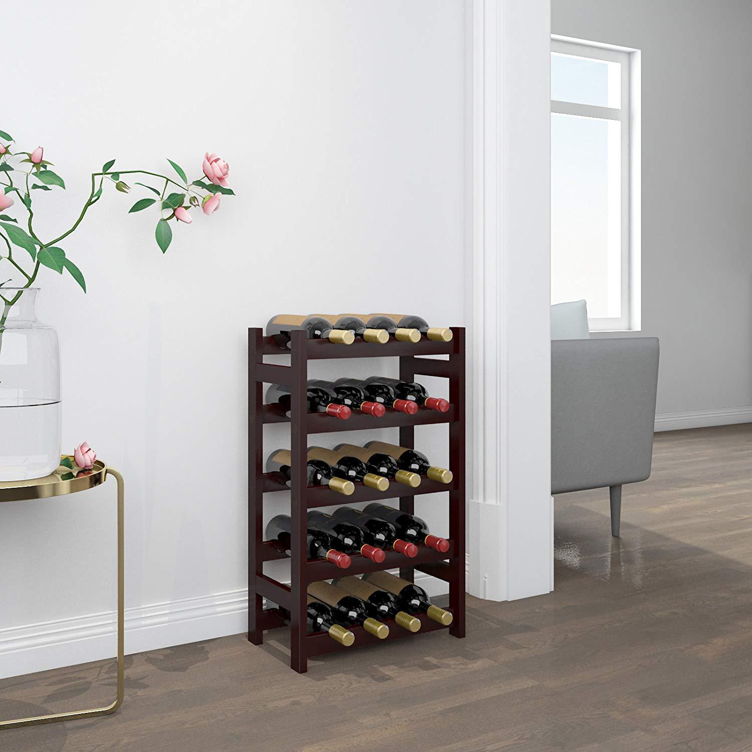 竹制红酒架 20瓶展示酒架,棕色五层葡萄酒架 立式摆放酒架红酒架