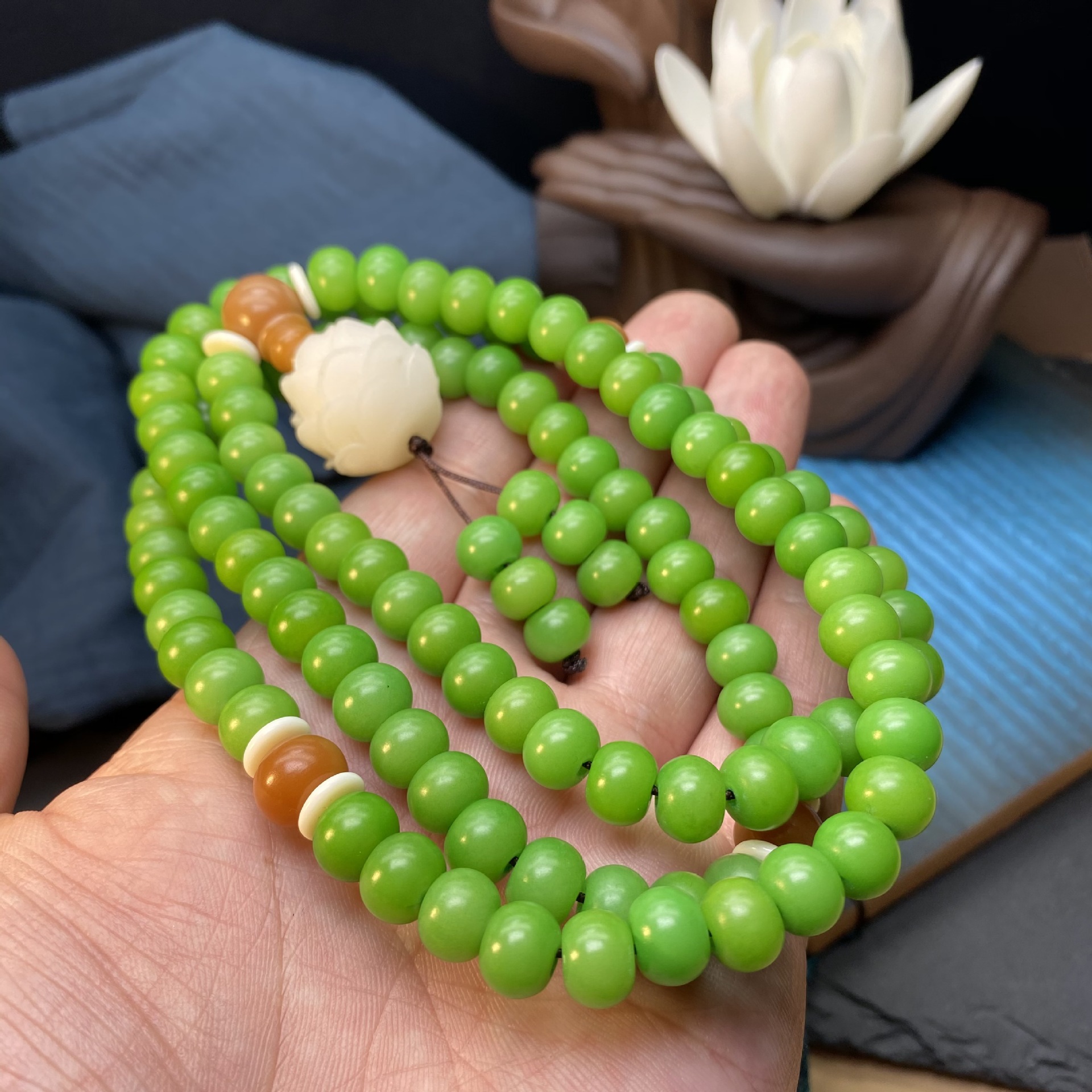 原创天然草木绿菩提根108颗佛珠手串女招财福袋时尚文艺项链 念珠