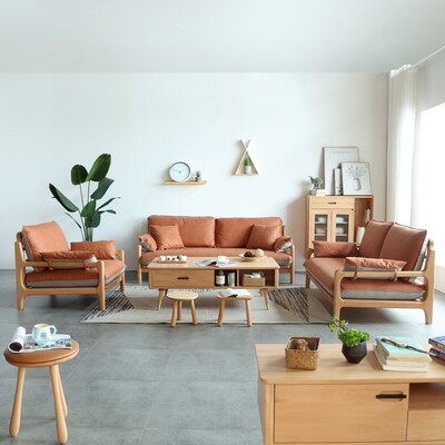 北欧简约实木沙发布艺沙发冬夏两用自由组合日式原木色客厅可定制