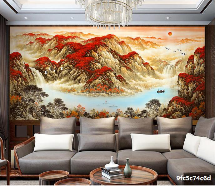 大型鸿运当头山水风景壁画客厅国画油画背景墙壁纸新中式寓意墙纸