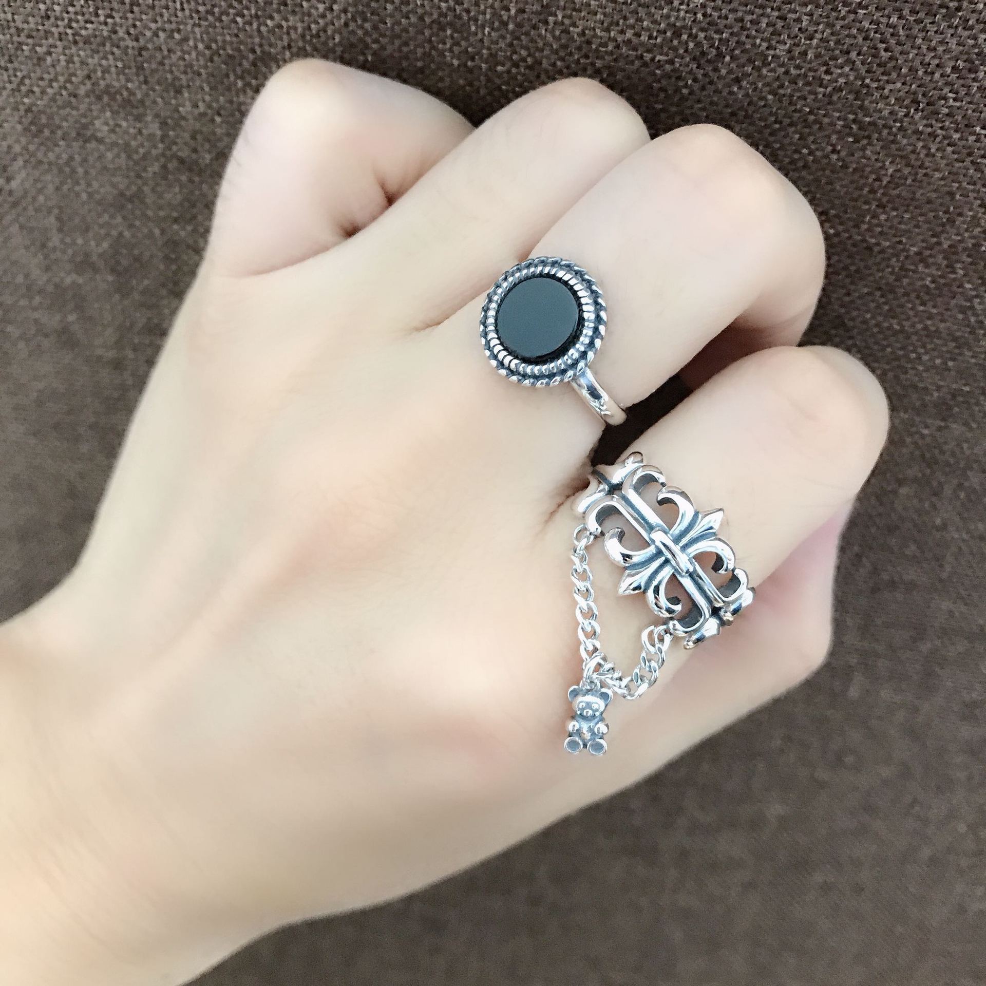 s925银小熊流苏开口戒指女复古做旧个性简约欧美风可调节食指环