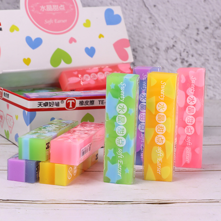 天卓9932三色果冻色橡皮擦立体水晶学习用品橡皮擦 q弹果冻色新款