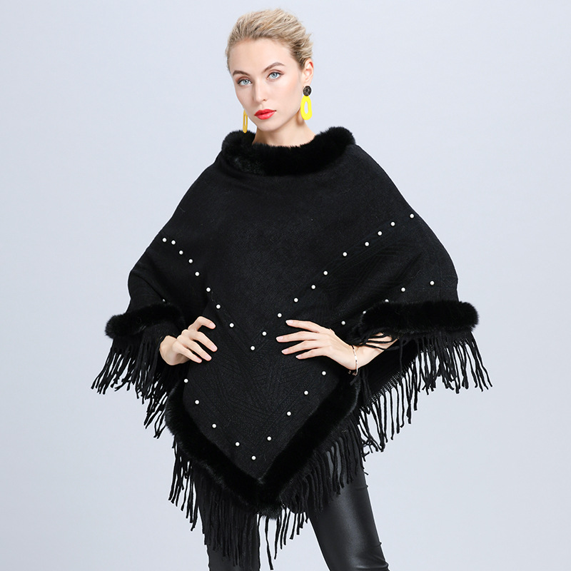 1642# European and American Autumn and Winter New Jacquard Pearl Tassel Women's Outer Wear Warm Fur Collar Shawl Cape