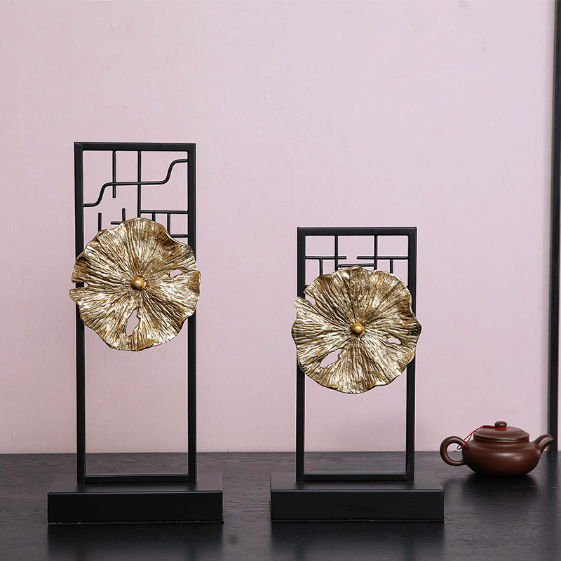 新中式样板房家居玄关电视柜禅意荷叶酒店会所软装工艺品金属铁艺