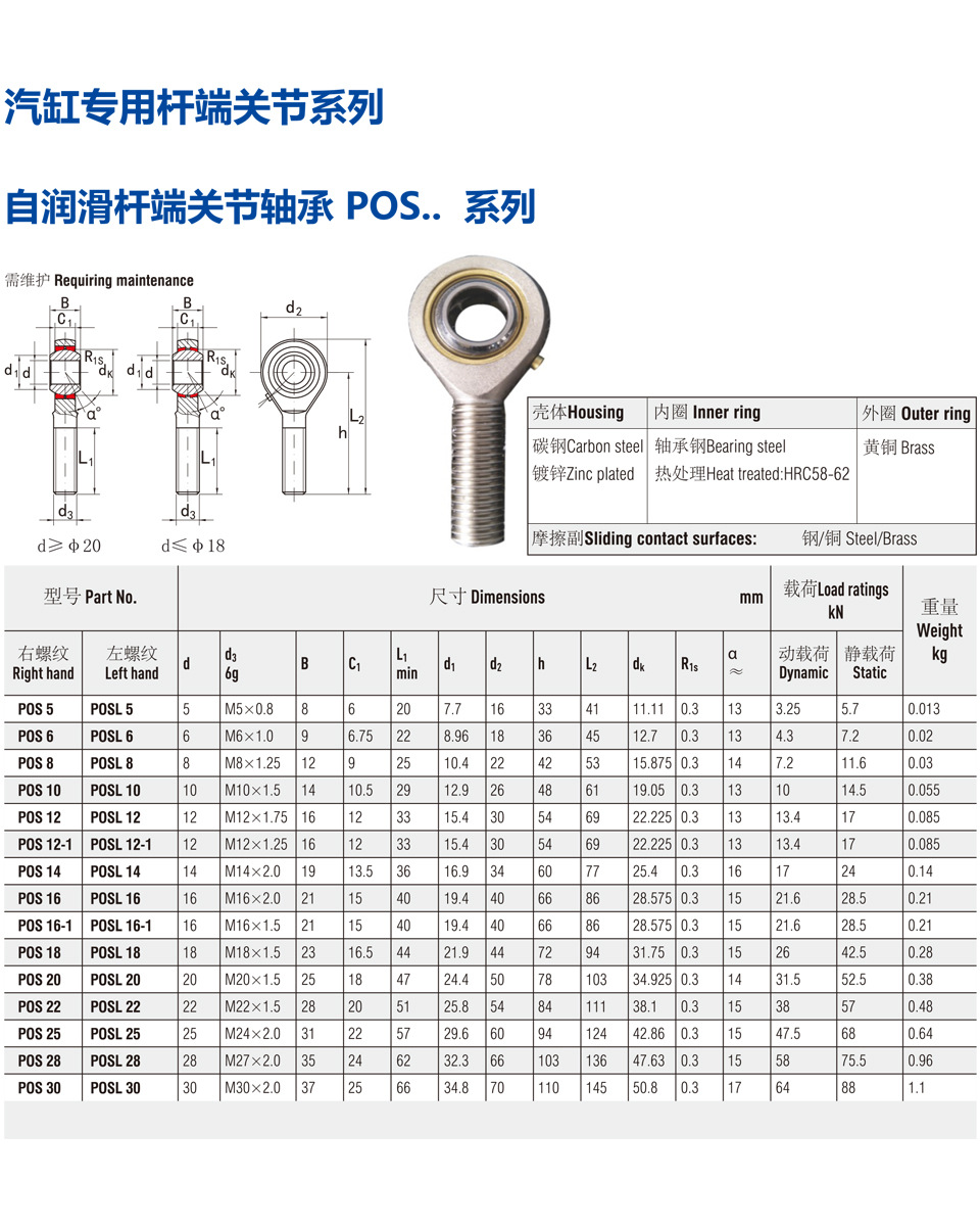 台州科锦轴承pos 14 16 18 20气缸专用杆端关节轴承系列 现货供应