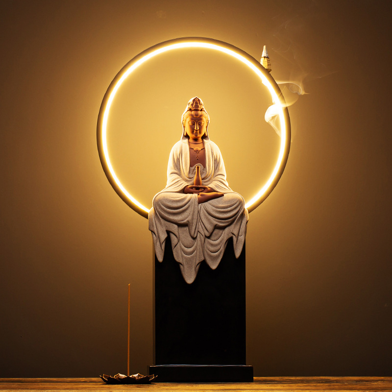 陶瓷玄关观世音菩萨佛像可发光摆件客厅人物中式电视柜装饰工艺品