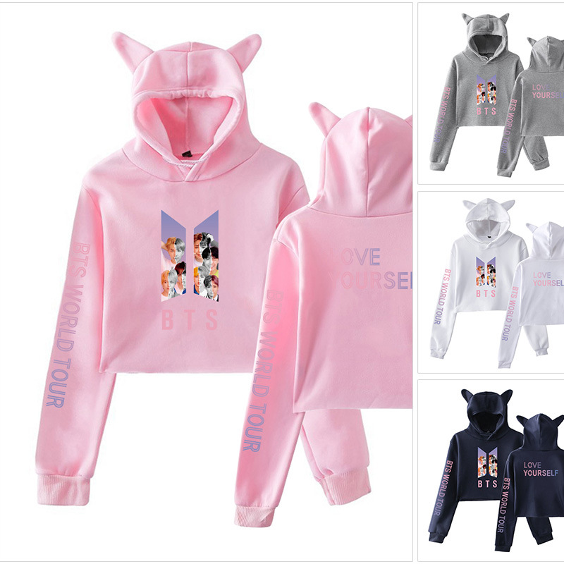 2020防弹少年女装亚马逊爆款多色bts连帽短装印花卫衣女 2388
