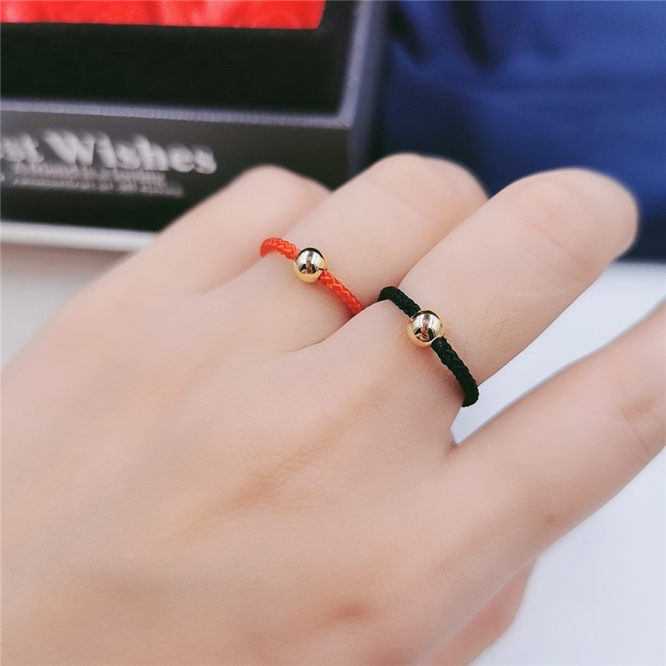 红黑绳金色珠戒指网红款手编红绳黄铜转运珠情侣手饰直播金店礼品