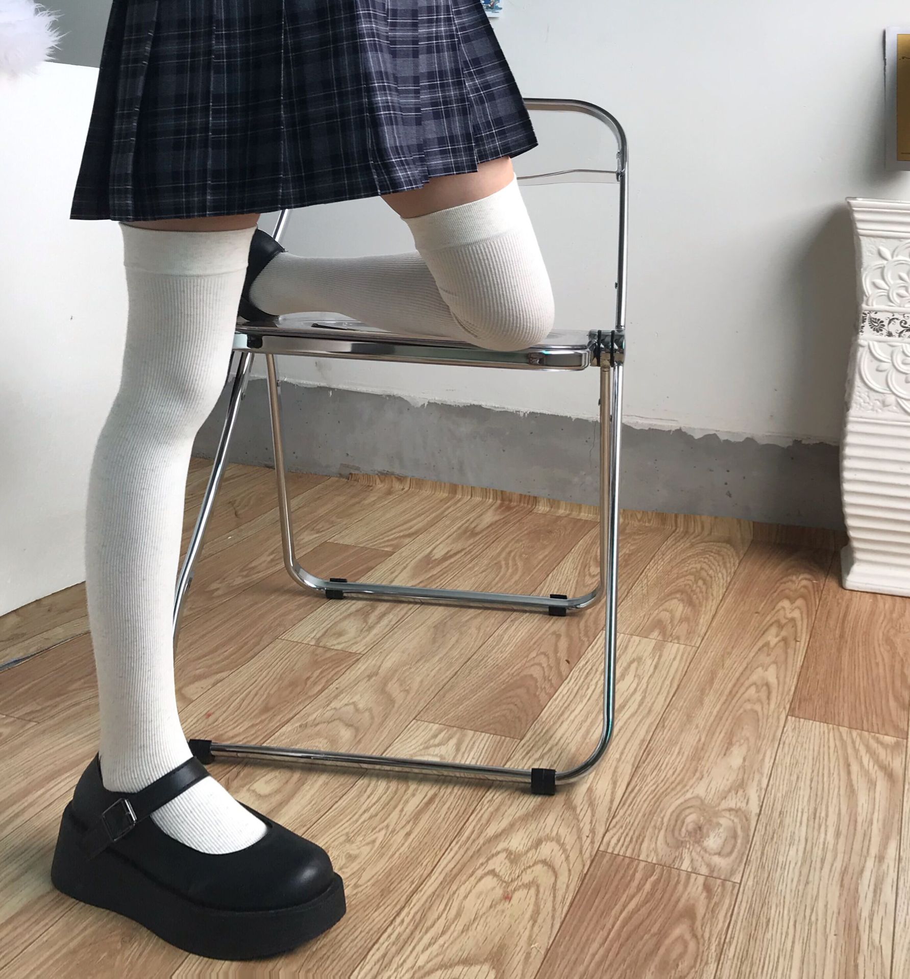 秋冬日系棉质过膝袜 学生防滑长筒袜竖条螺纹微压显瘦高筒袜子女