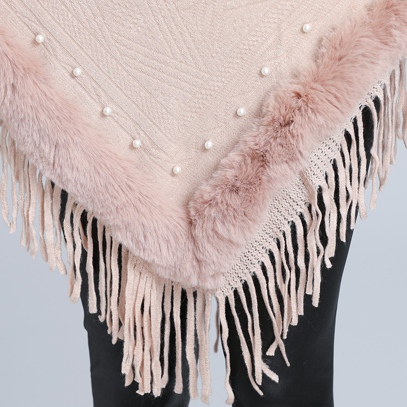 1642# European and American Autumn and Winter New Jacquard Pearl Tassel Women's Outer Wear Warm Fur Collar Shawl Cape