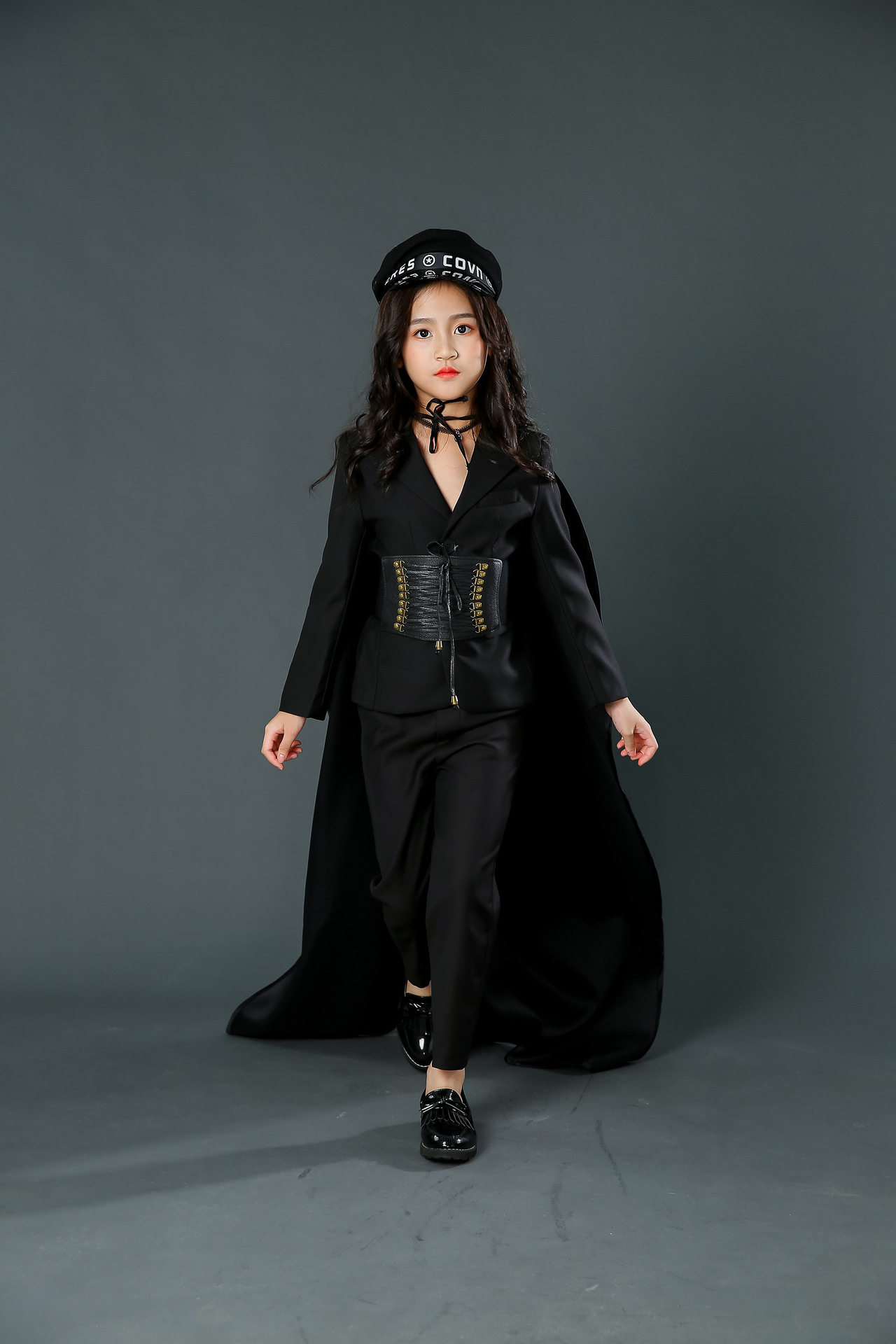 女童模特时尚走秀潮服儿童礼服西服套装个性黑色洋气高端演出服秋