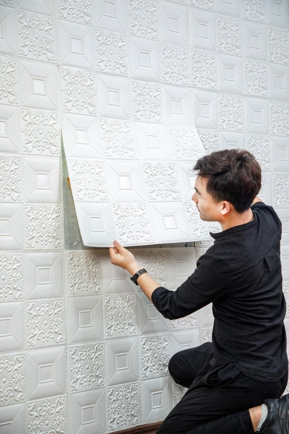 自粘墙贴水泥墙壁纸毛坯房3d立体欧式花电视背景墙天花板吊顶卧室