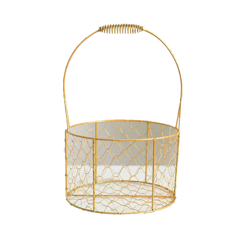 New Iron Golden, round Hand-Mixing Gift Basket Wedding Full Moon Packaging Basket Metal Gift Basket Portable