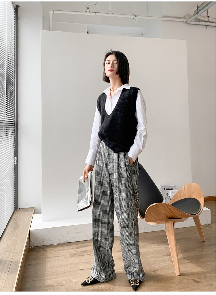 欧式英伦风粗花格纹阔腿裤气质显瘦