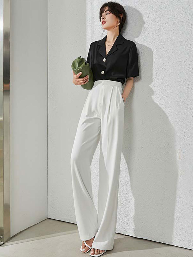 现货夏季西装裤新款高腰直筒时尚宽松拖地裤休闲薄款白色阔腿裤女