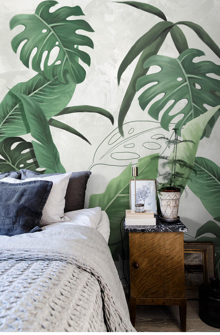 3d热带雨林植物墙纸绿色北欧叶子8d壁画电视背景墙5d壁纸无缝墙布