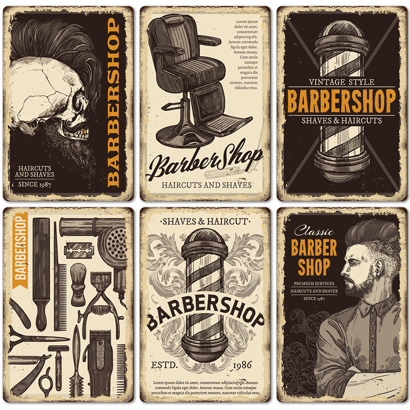 2020新款 barbershop海报复古铁皮画 理发店背景墙壁无框装饰挂画