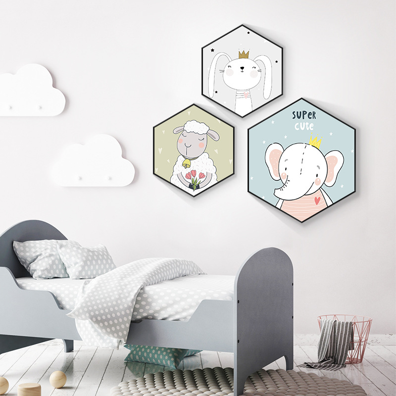 创意六边形装饰画卡通动物挂画简约可爱儿童房间宝宝卧室背景墙画