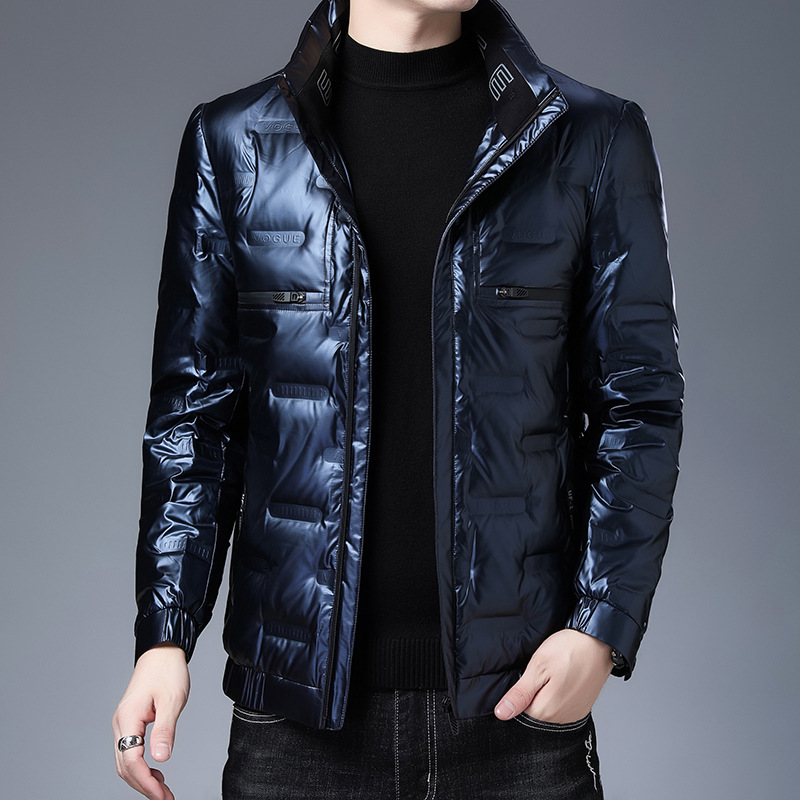 冬季新款时尚亮面羽绒服男短袖立领修身中青年男士加厚羽绒外套