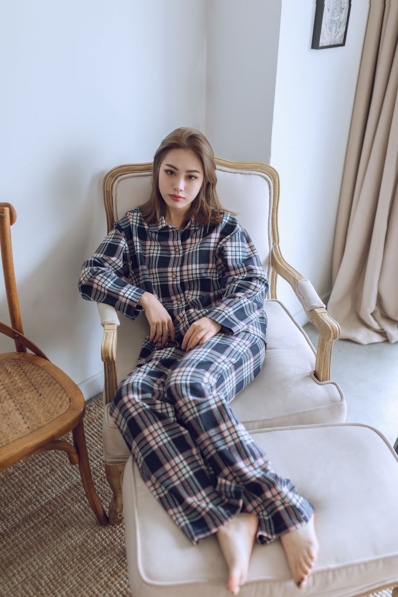 春秋冬季磨毛格子圣诞节睡衣套装女式梭织棉布绒布家居服