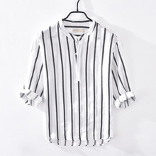 1851夏季薄款苎麻七分袖衬衫日系条纹宽松套头立领衬衣男一件代发