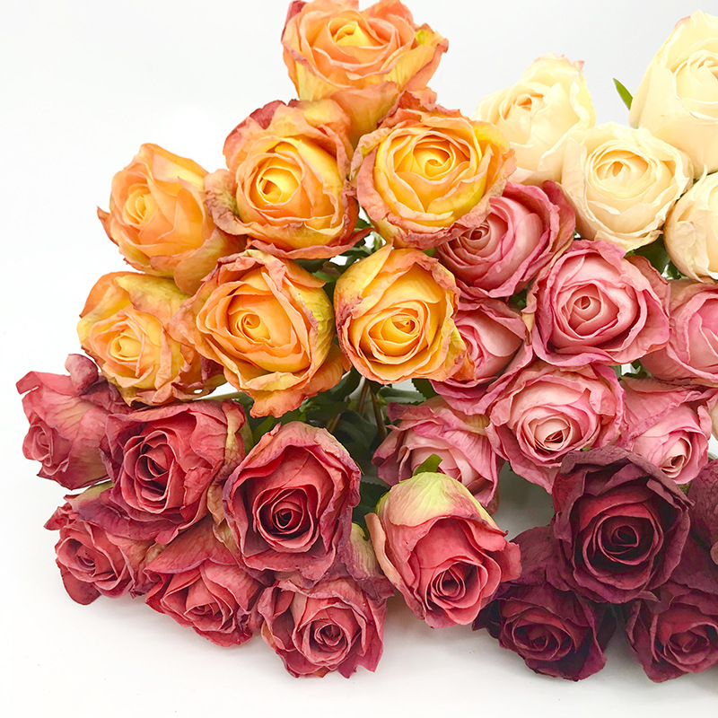 欧式复古做旧单头焦边玫瑰仿真假花摆件家居软装布景搭配材料丝花