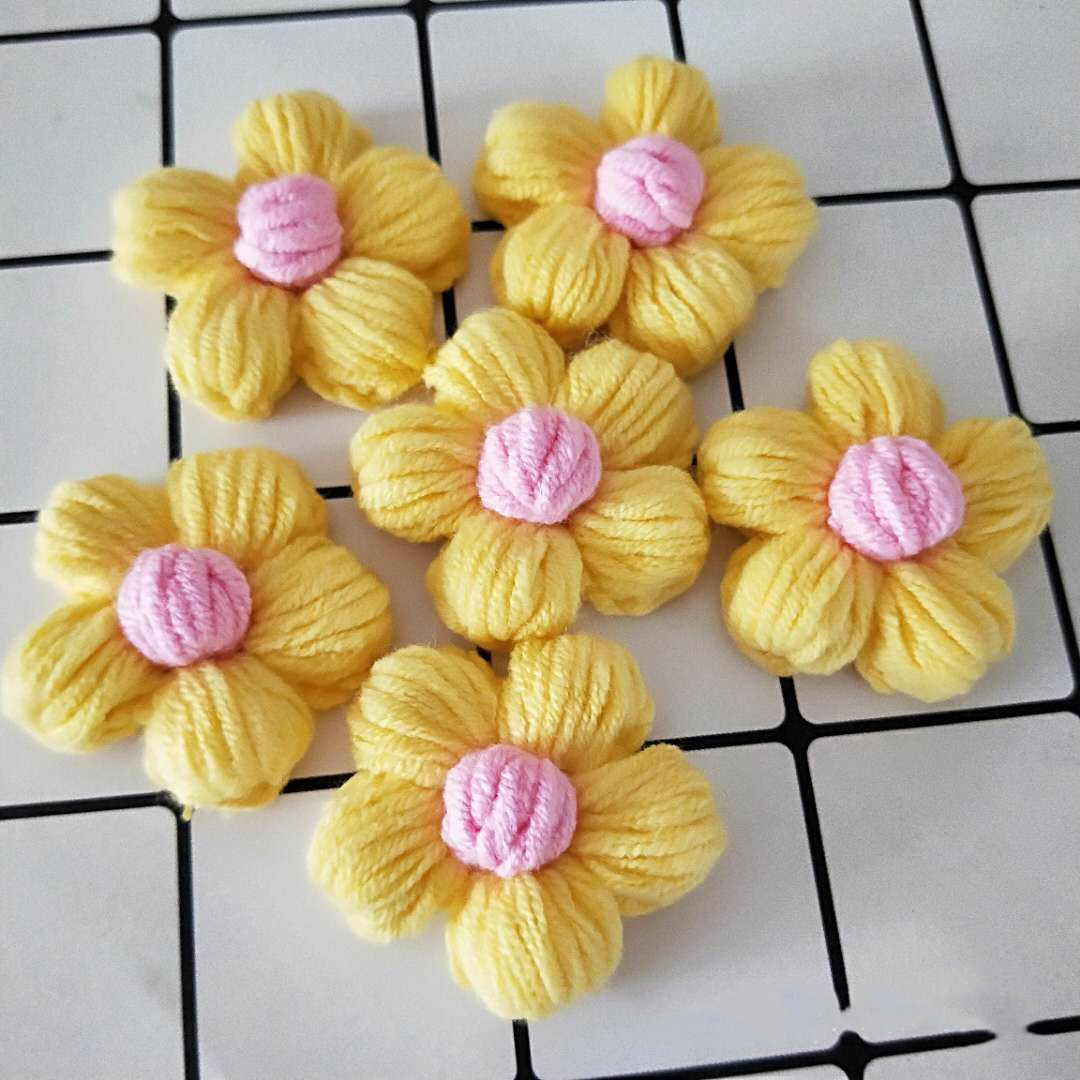 毛线编织花朵泫雅风可爱泡芙花钩针手工diy泡芙花胸针发夹配件