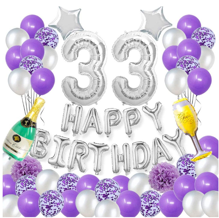 跨境热卖紫色银色气球组合33岁生日数字气球紫色乳胶亮片气球套装