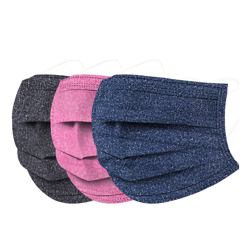 现货批发水刺布牛仔色mask彩色印花含熔喷成人一次性三层防护口罩