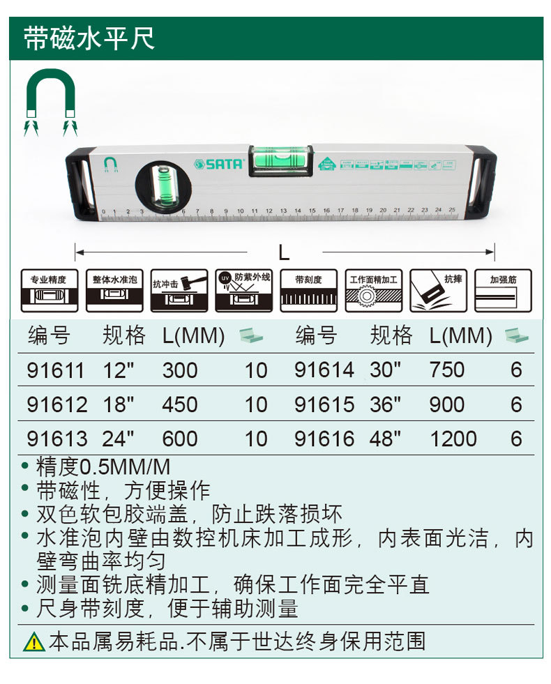 世达工具 水平尺装修平水尺数显铝合金水平仪尺平衡尺91601-91616