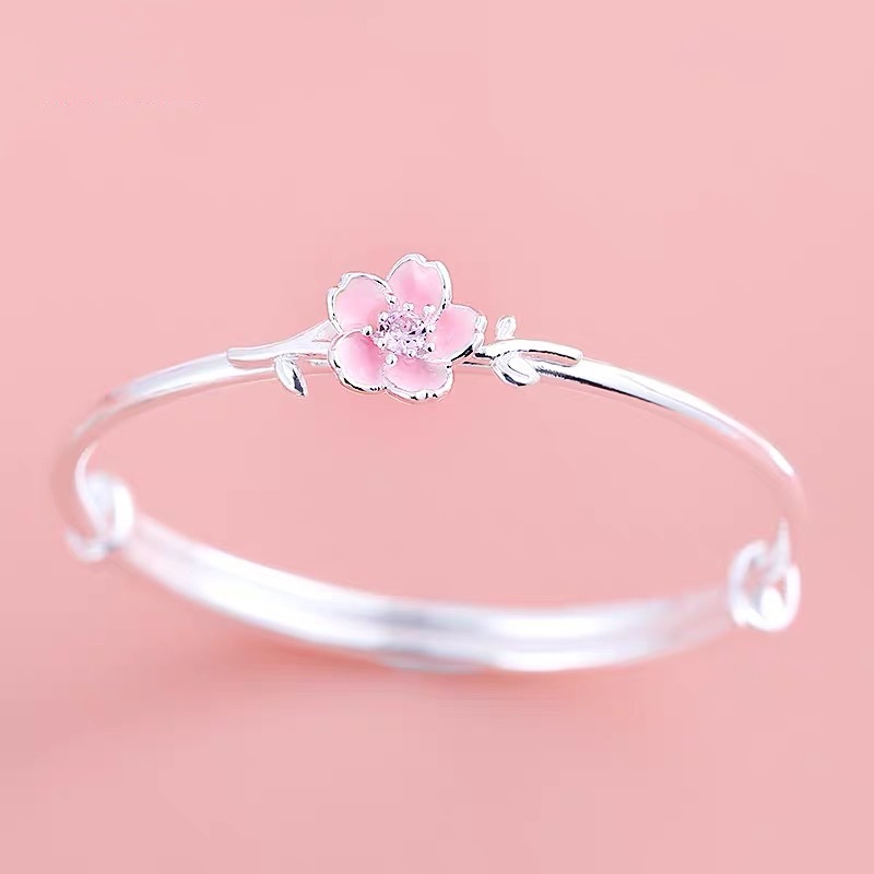 999足银手镯女手环银饰品生日情人节礼物少女心粉色樱花手镯