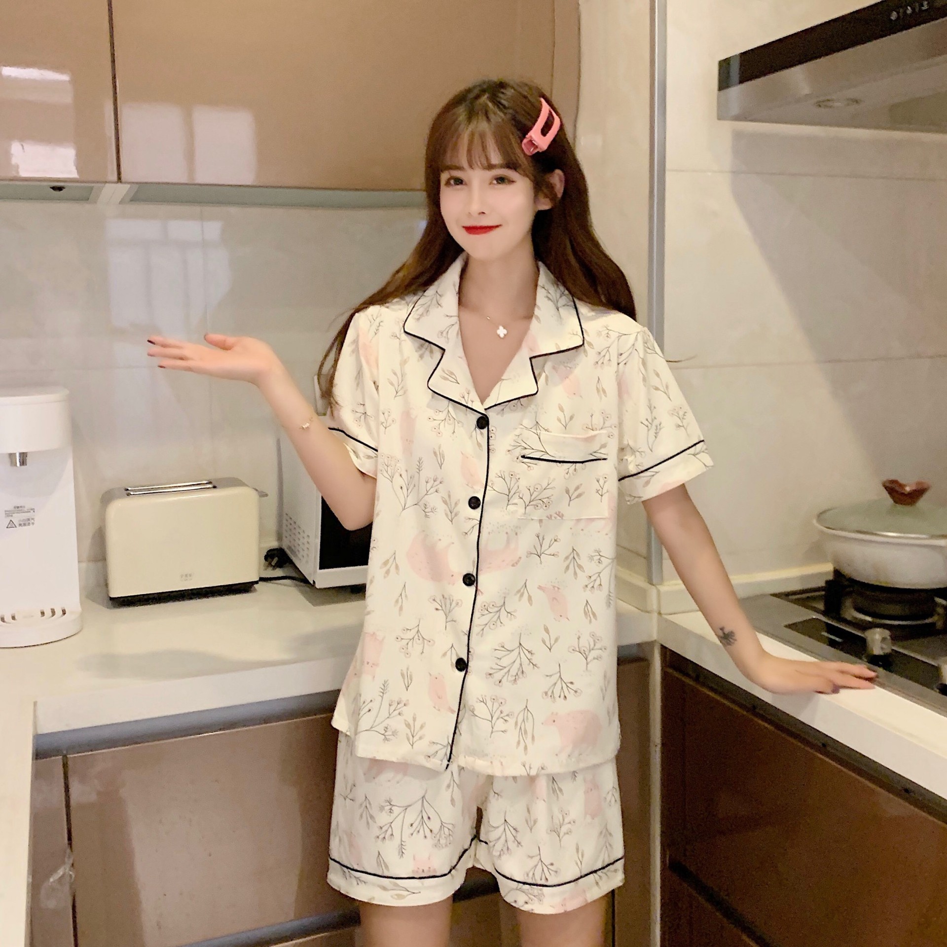 微商夏季牛奶丝短袖睡衣女短裤可爱韩版甜美开衫大码家居服两件套