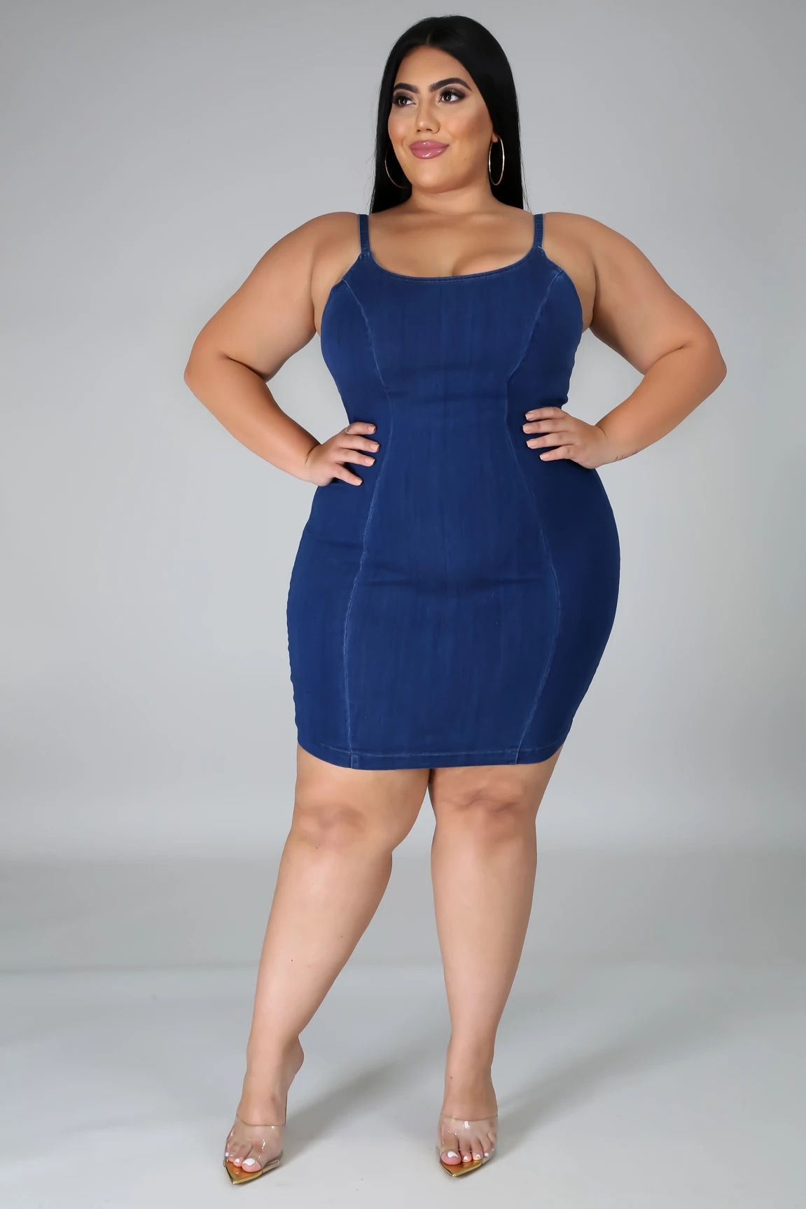 欧美大码女装亚马逊 ebay新款牛仔吊带连衣裙 2色