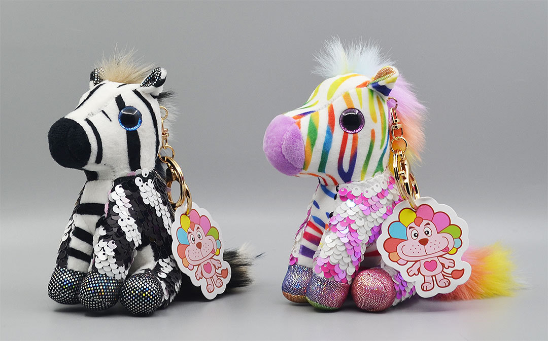 亮片斑马纹毛绒玩具公仔潮流抓机娃娃背包骑行服装钥匙圈扣挂件